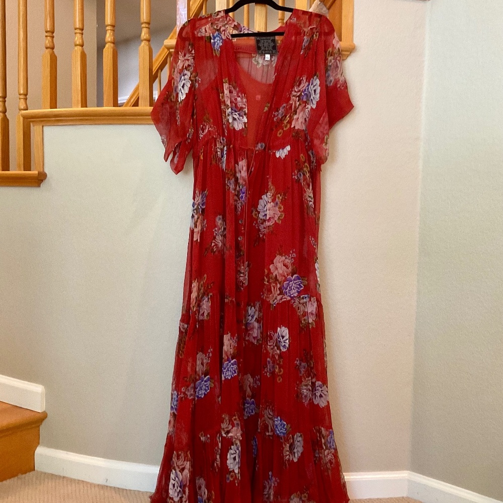 Johnny Was Floral Silk Maxi Dress with Matching Slip, Excellent Condition